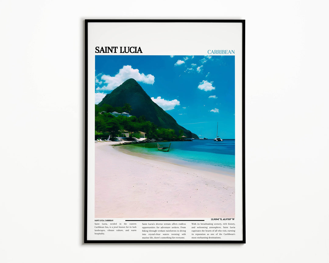 Vibrant Caribbean art captures Saint Lucia&#39;s charm. Ideal for Saint Lucia decor, this travel art adds tropical elegance to any space