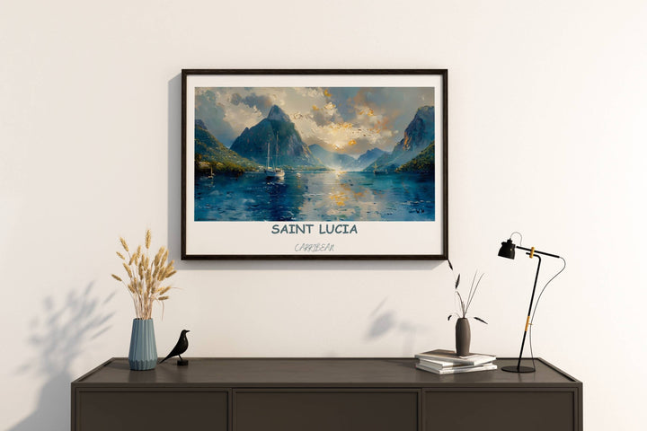 Saint Lucia decor comes alive with Caribbean travel art. Add tropical elegance to your space with this vibrant artwork