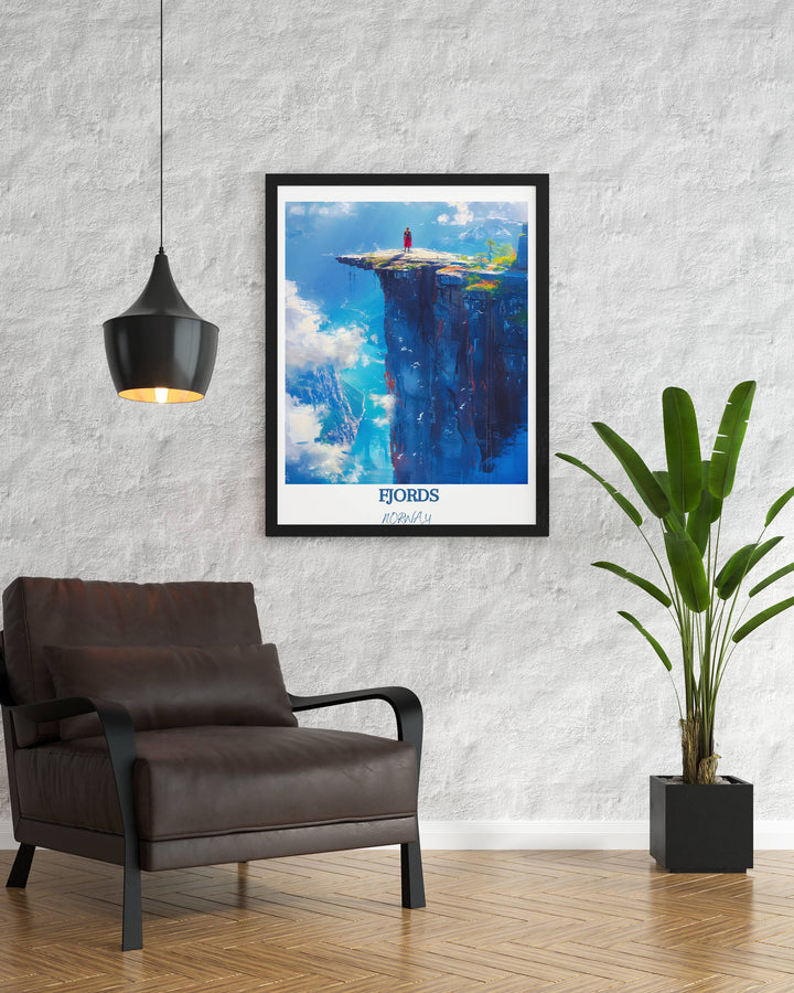 Embrace the serene beauty of Norway with this captivating wall art, capturing the essence of Geirangerfjord and Trolltunga.