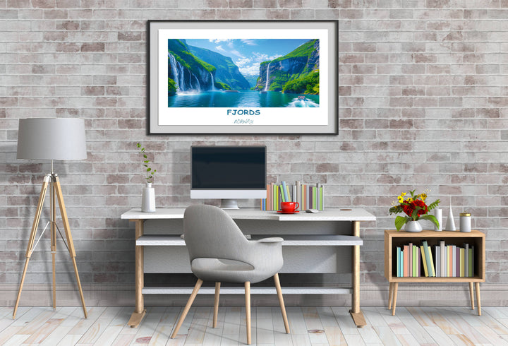 Adorn your walls with the beauty of Norway through this stunning Norwegian artwork capturing the essence of Preikestolen and its fjords.