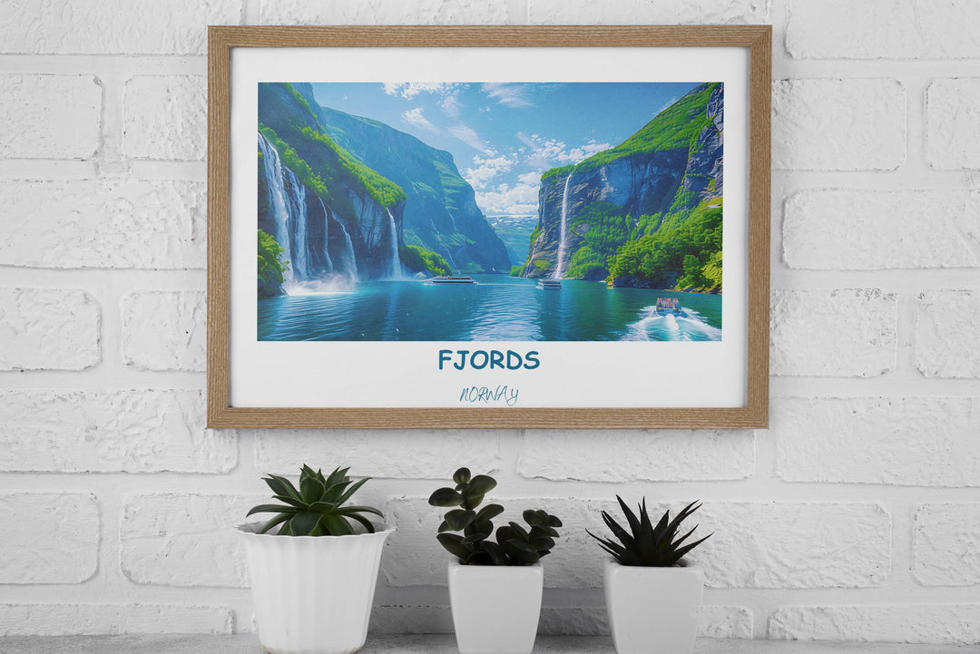 Escape to the tranquility of Scandinavian nature with this Norway-inspired wall art showcasing Geirangerfjord and Trolltunga.