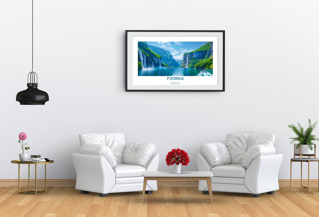 Escape to the tranquility of Scandinavian nature with this Norway-inspired wall art showcasing Geirangerfjord and Trolltunga.