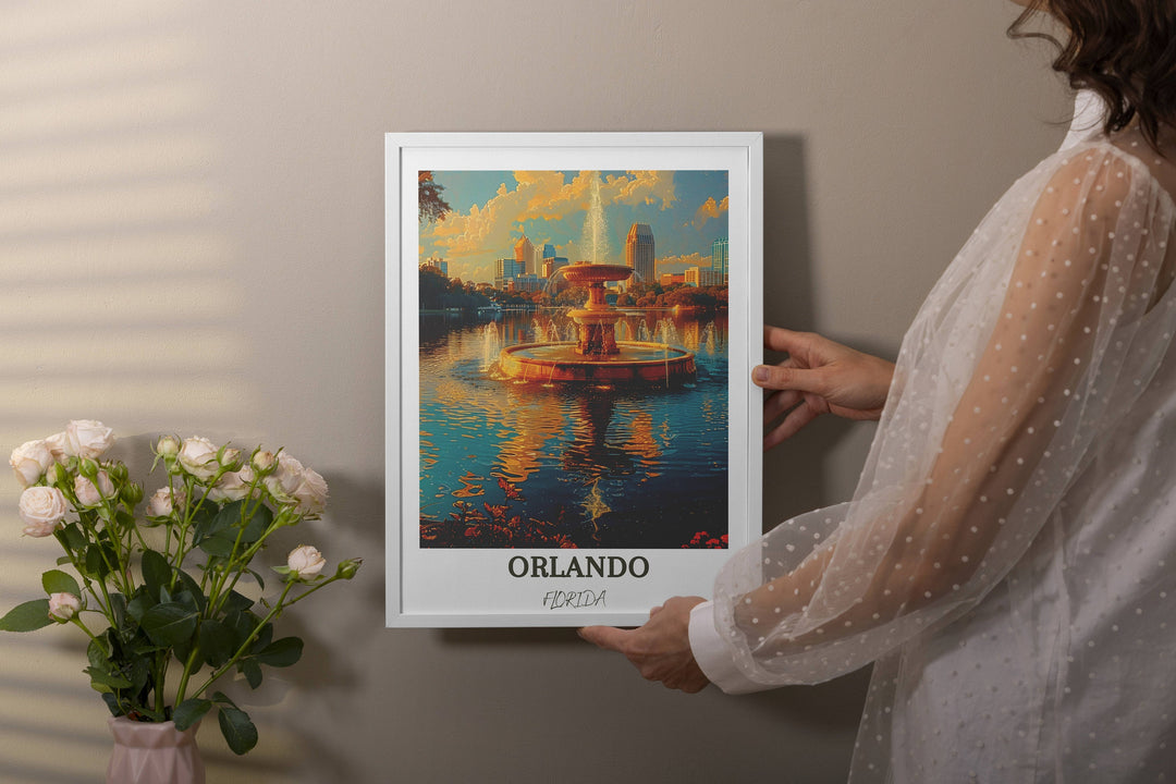 Inviting Orlando travel print featuring the picturesque scenery of Lake Eola Park. Ideal Florida decor for any space.
