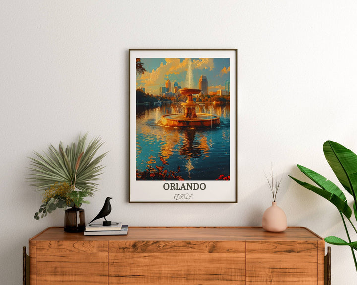 Inviting Orlando travel print featuring the picturesque scenery of Lake Eola Park. Ideal Florida decor for any space.