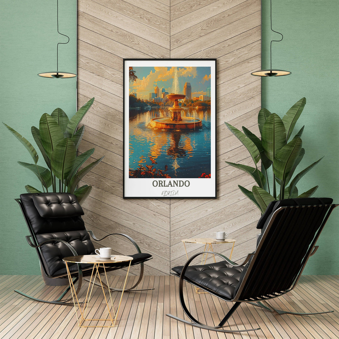 Dreamy Orlando art piece showcasing the magical atmosphere of the city, with a focus on Lake Eola Park&#39;s iconic fountain. Perfect Florida art poster.