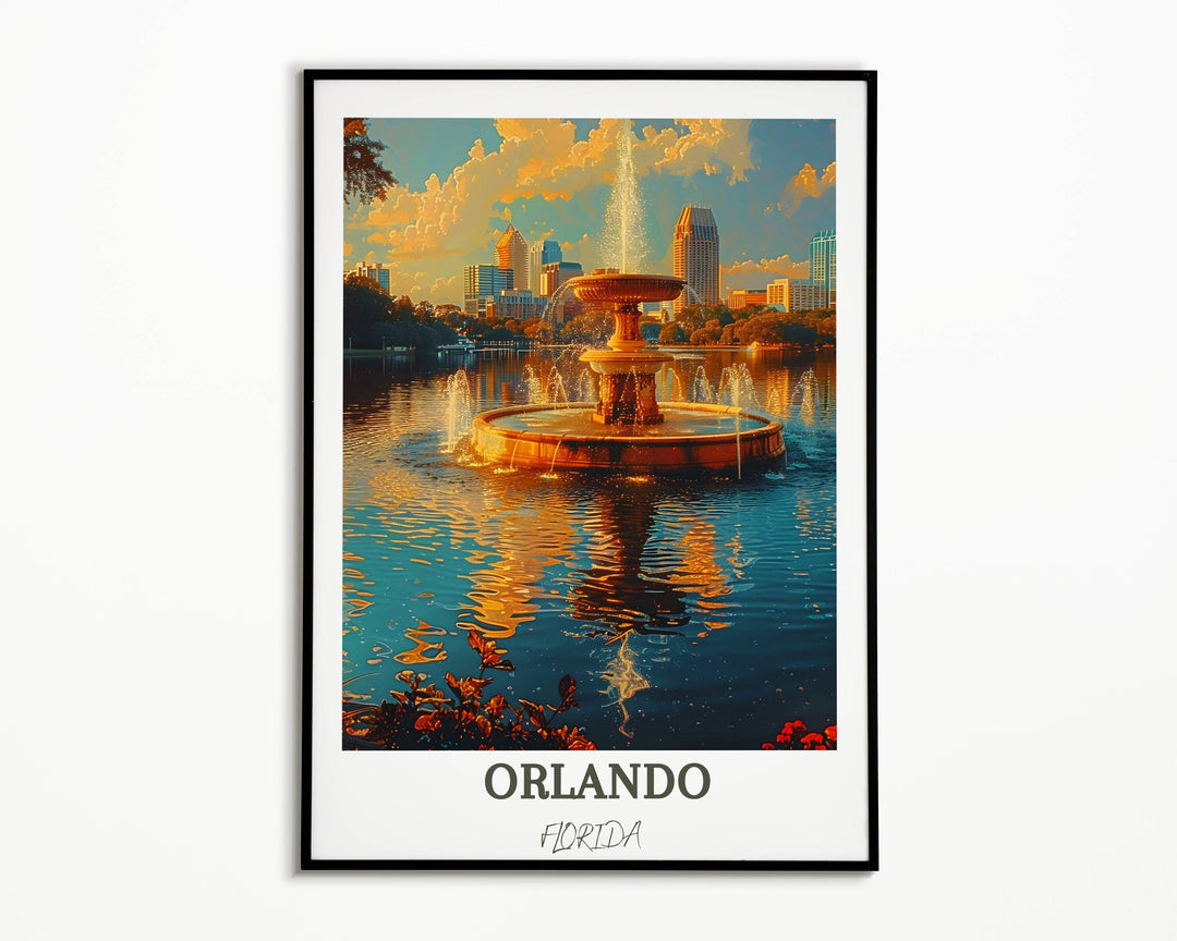 Magnificent Orlando art poster highlighting the iconic landmarks of the city, including the beautiful Lake Eola Park fountain. Perfect Florida wall art.