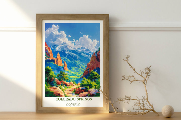 Elegant Garden of the Gods art featuring iconic landmarks like The Broadmoor, providing a timeless reminder of the charm and allure of Garden of the Gods.