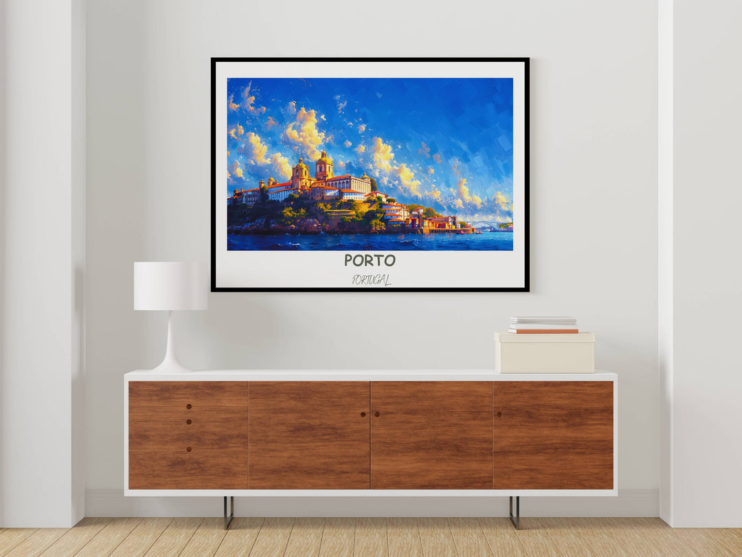 A captivating Porto art piece showcasing the iconic Dom Luís I Bridge against the backdrop of the Porto Cathedral and the scenic Douro River, ideal for a stunning wall poster.