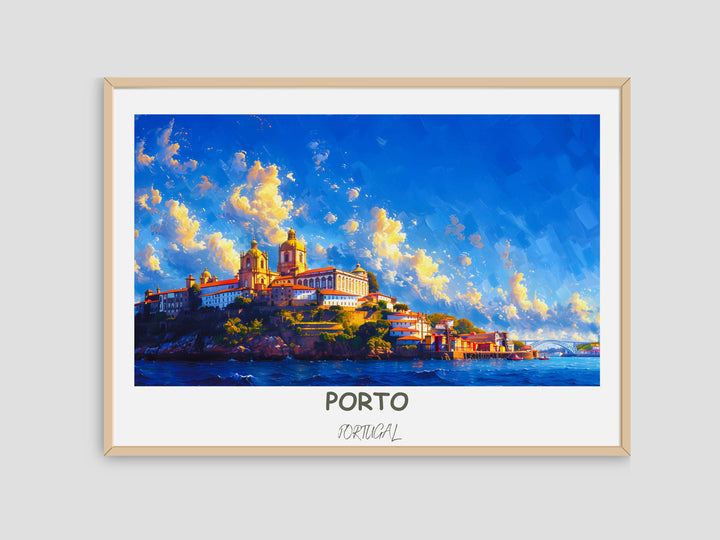 A captivating Porto art piece showcasing the iconic Dom Luís I Bridge against the backdrop of the Porto Cathedral and the scenic Douro River, ideal for a stunning wall poster.