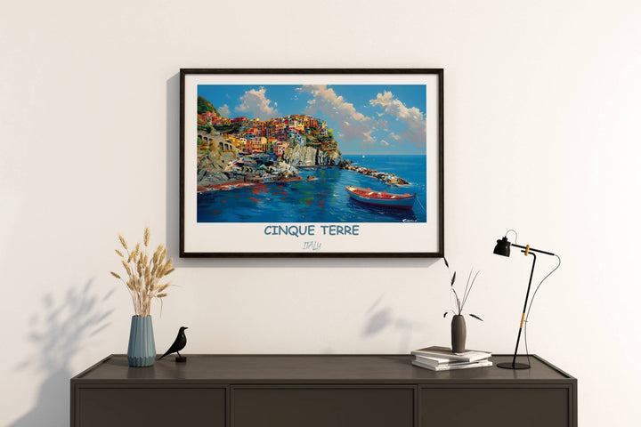 Enjoy the scenic beauty of Italy with this Cinque Terre print. Featuring Manarola and Vernazza, it&#39;s a perfect addition to any wall.