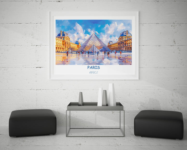 Elegant Parisian wall art showcasing the Louvre Museum and other iconic landmarks. A stylish addition to any space, evoking the allure of Paris.