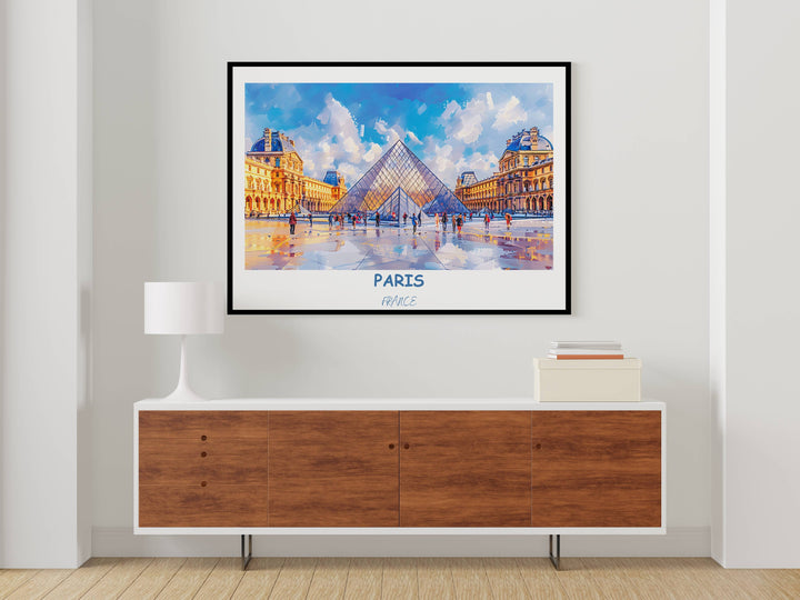 Stunning Parisian art decor featuring the renowned Louvre Museum. Add a touch of sophistication to your space with this timeless Paris artwork.