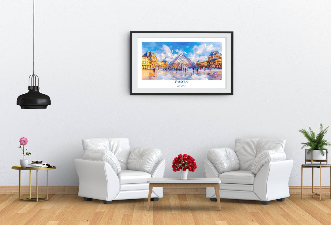 Stunning Parisian art decor featuring the renowned Louvre Museum. Add a touch of sophistication to your space with this timeless Paris artwork.