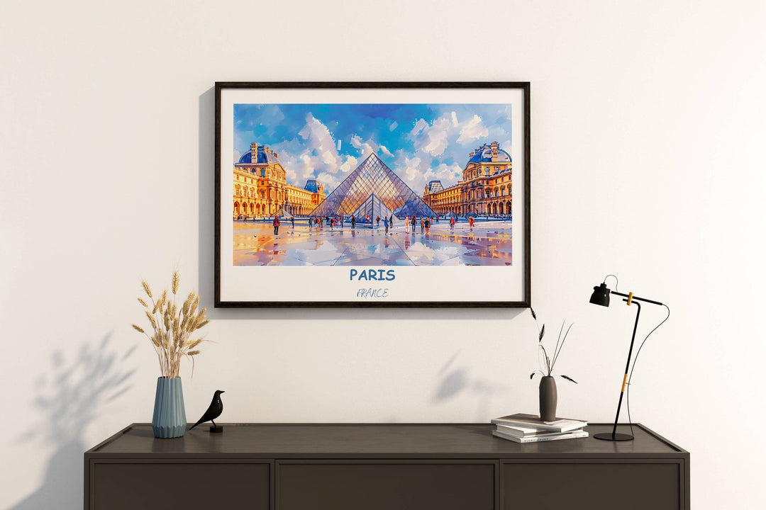 Elegant Parisian wall art showcasing the Louvre Museum and other iconic landmarks. A stylish addition to any space, evoking the allure of Paris.