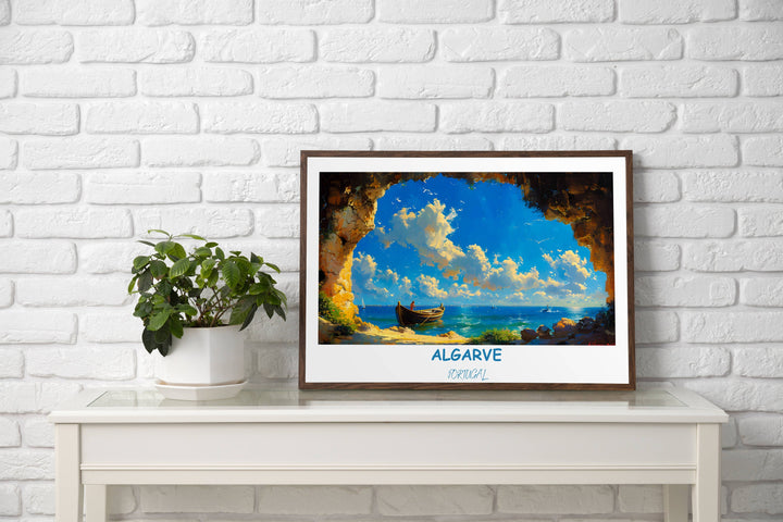 Stunning Algarve art print showcasing the enchanting Benagil Sea Cave. A picturesque portrayal of Portugals coastal allure, perfect for wall decor or gifting.