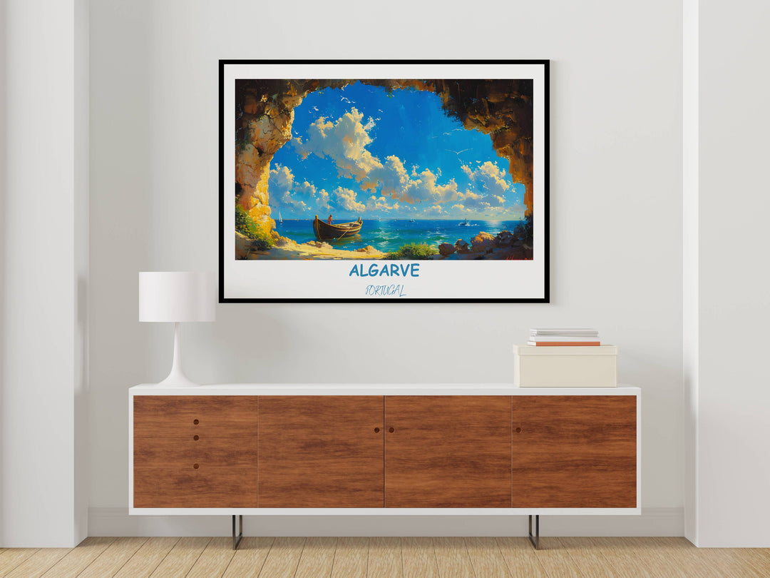 Capture the essence of the Algarve with this captivating illustration of Benagil Sea Cave. An exquisite art print that brings Portugals coastal charm to life.