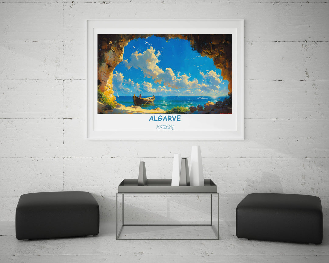 Capture the essence of the Algarve with this captivating illustration of Benagil Sea Cave. An exquisite art print that brings Portugals coastal charm to life.
