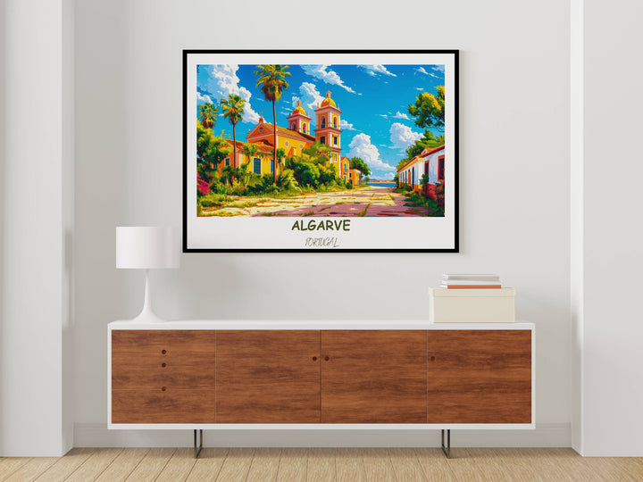 Vibrant Algarve travel poster featuring Igreja de Santa Maria and Cathedral of Faro. Detailed illustration captures the essence of Portugals coastal beauty. Perfect decor or gift for Portugal enthusiasts.