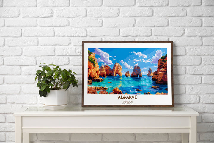 Stunning Algarve art print showcasing the enchanting Ponta da Piedade. A picturesque portrayal of Portugals coastal allure, perfect for wall decor or gifting.