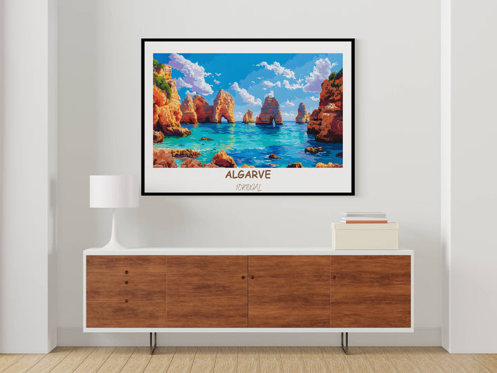 Capture the essence of the Algarve with this captivating illustration of Ponta da Piedade. An exquisite art print that brings Portugals coastal charm to life.