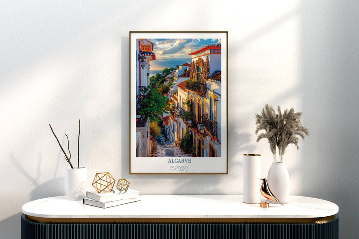 Stunning Algarve art print showcasing the enchanting Faro Old Town and Cathedral of Faro. A picturesque portrayal of Portugals historic charm, perfect for wall decor or gifting.