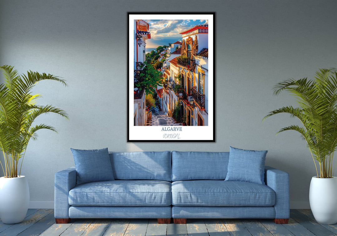 Elegant Algarve wall art featuring the mesmerizing beauty of Faro Old Town and Cathedral of Faro. A timeless illustration that adds a touch of Portugals historic allure to any space.