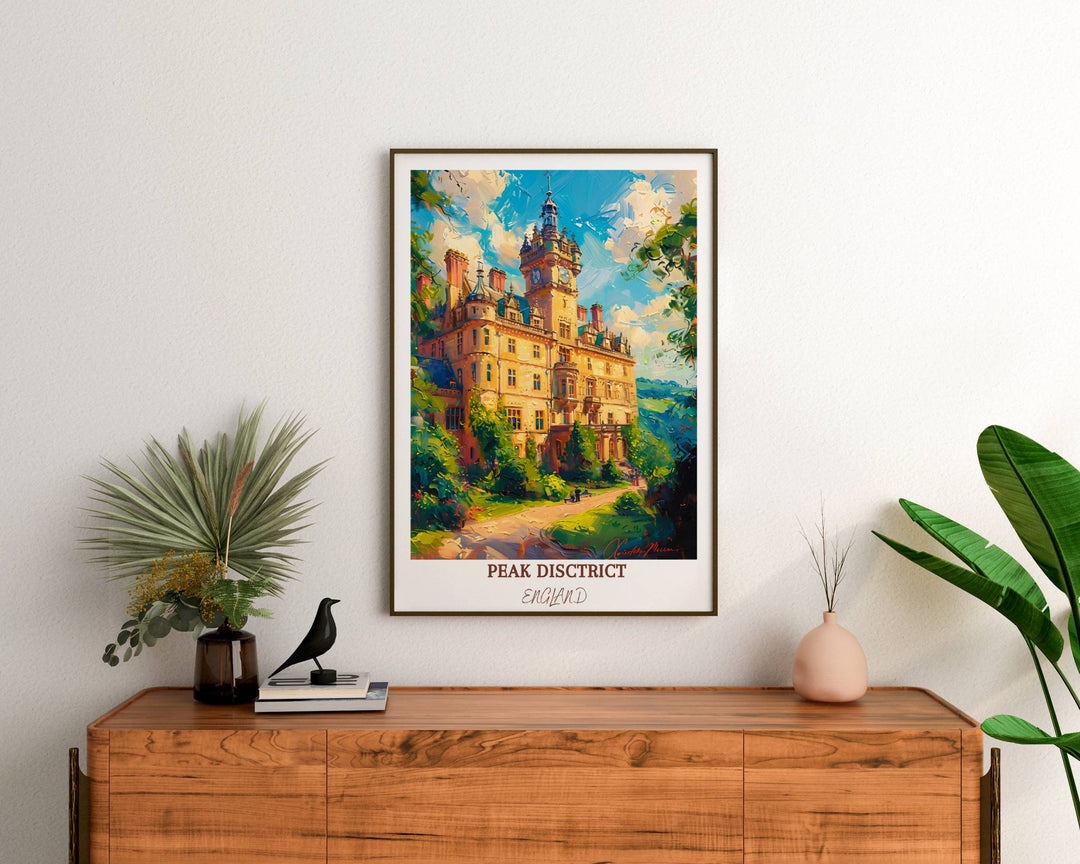 Elevate your decor with the timeless beauty of the Peak District and the iconic silhouette of Chatsworth House in this captivating print.