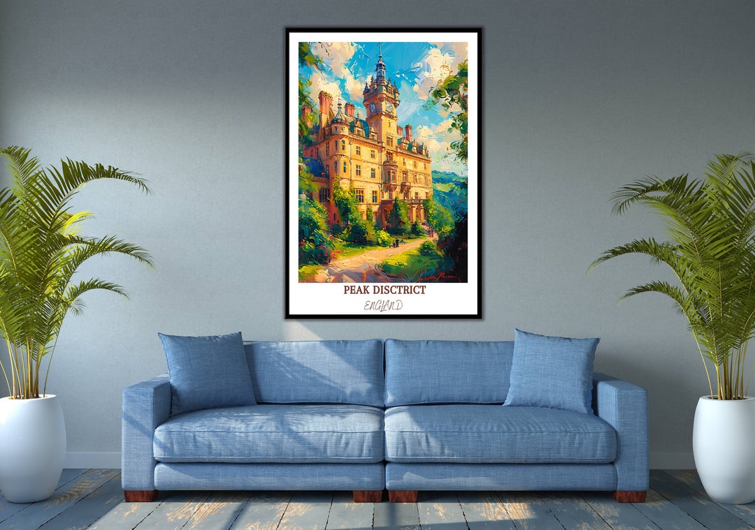 Transform your space into a tranquil retreat with this stunning print featuring Chatsworth House and the Peak District.