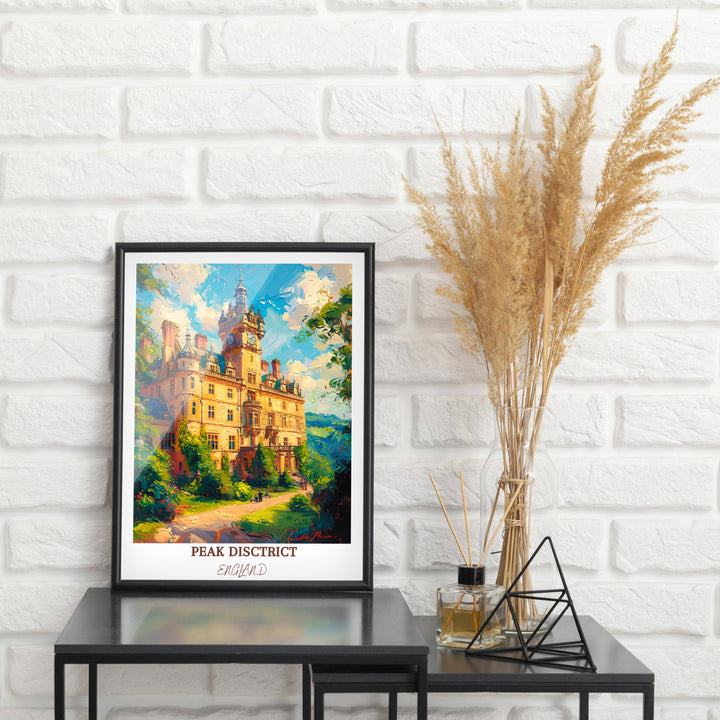 Transform your space into a tranquil retreat with this stunning print featuring Chatsworth House and the Peak District.