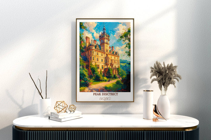 Immerse yourself in the natural splendor of the Peak District National Park with this enchanting print of Chatsworth House.