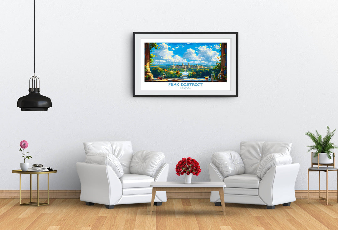 Indulge in the charm of the Peak District with this captivating artwork showcasing the iconic Chatsworth House.