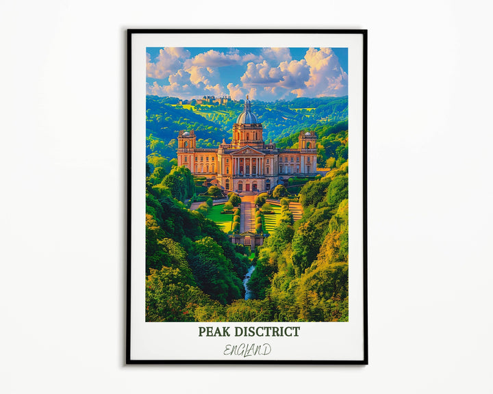 Embrace the tranquility of the Peak District with this captivating artwork showcasing the iconic Chatsworth House.