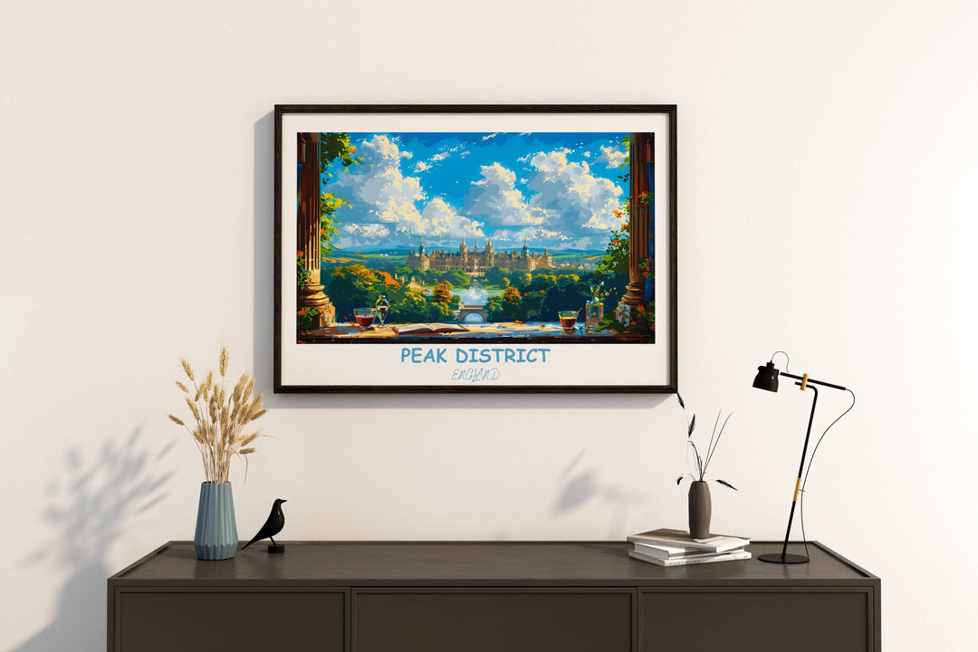 Infuse your decor with the rustic charm of the Peak District and the grandeur of Chatsworth House in this captivating print.