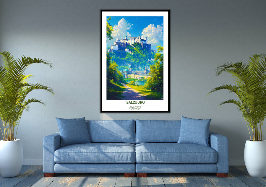 a living room with a blue couch and a painting on the wall