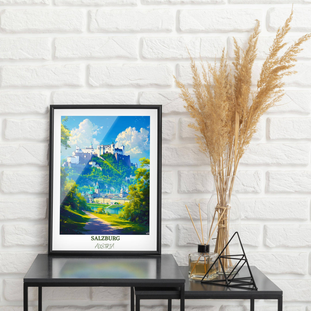 a picture of a castle on a hill in a frame next to a vase with