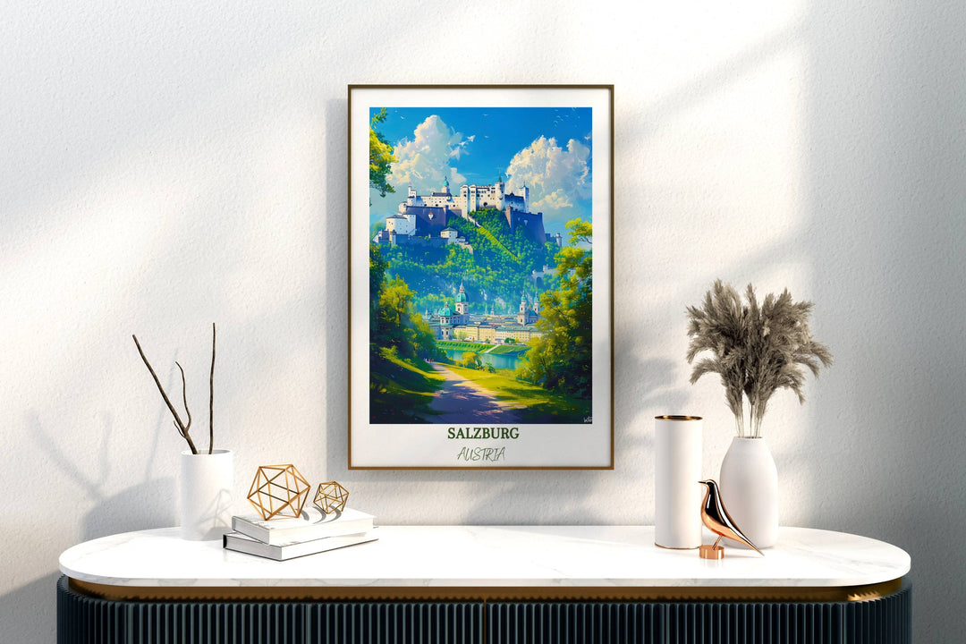 Embrace the beauty of Salzburg with this striking wall decor featuring the iconic Hohensalzburg Castle. A timeless gift for any occasion.