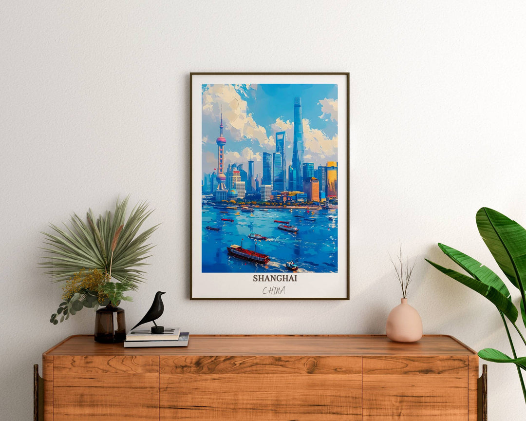 Add a touch of elegance to your decor with this Shanghai artwork, capturing the iconic architecture of The Bund and Chinas vibrant culture.