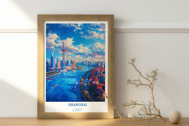 Elevate your space with this captivating Shanghai poster, depicting the iconic landmarks of The Bund and Chinas dynamic cityscape.
