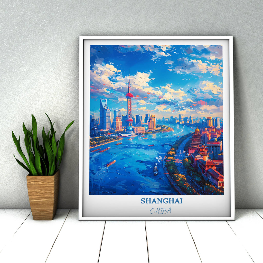 Indulge your wanderlust with this Shanghai travel art, offering a glimpse of The Bund and Shanghais architectural wonders.