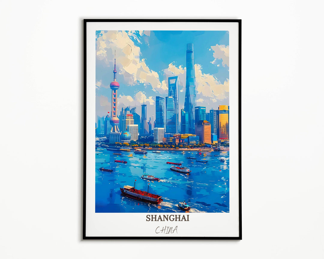 Bring the magic of Shanghai into your home with this stunning China print, featuring The Bund and Shanghais iconic skyline at dusk.