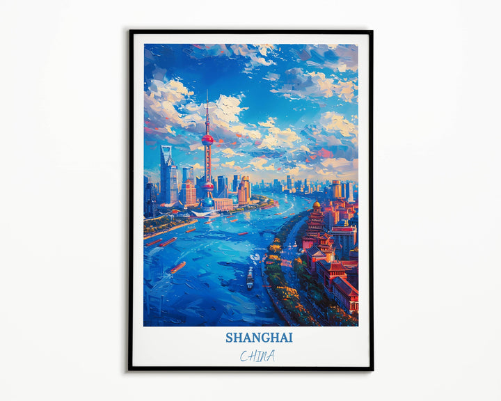 Elevate your space with this captivating Shanghai poster, depicting the iconic landmarks of The Bund and Chinas dynamic cityscape.