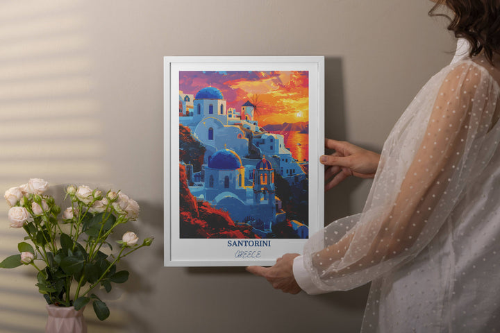 Vibrant Santorini home decor. A picturesque Greece travel print capturing the essence of Santorini&#39;s iconic beauty, perfect for your wall art collection.