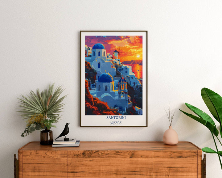 Santorini wall art transports you to the idyllic Greek island with this captivating travel print, a perfect addition to any decor.