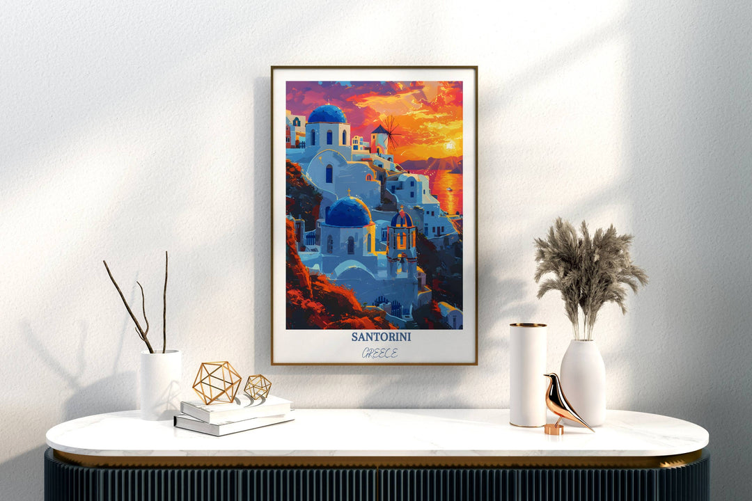 Santorini wall art transports you to the idyllic Greek island with this captivating travel print, a perfect addition to any decor.