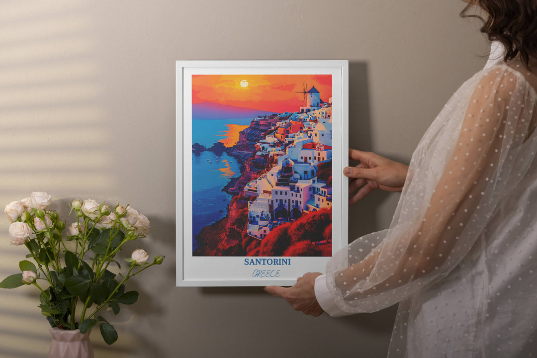 Dreamy Santorini travel art infuses your space with the charm of Greece through this stunning Greek island-inspired print.