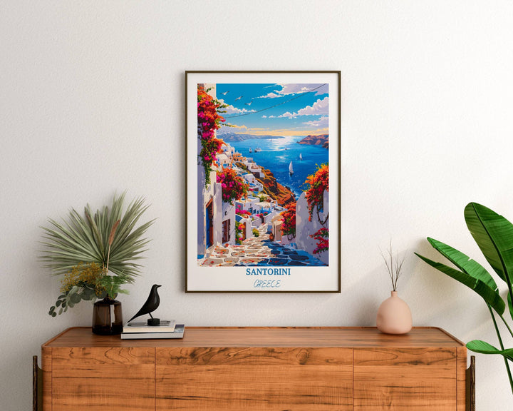 Santorini Greek captivates your senses with the enchanting beauty of Santorini captured in this stunning Greek-inspired artwork.
