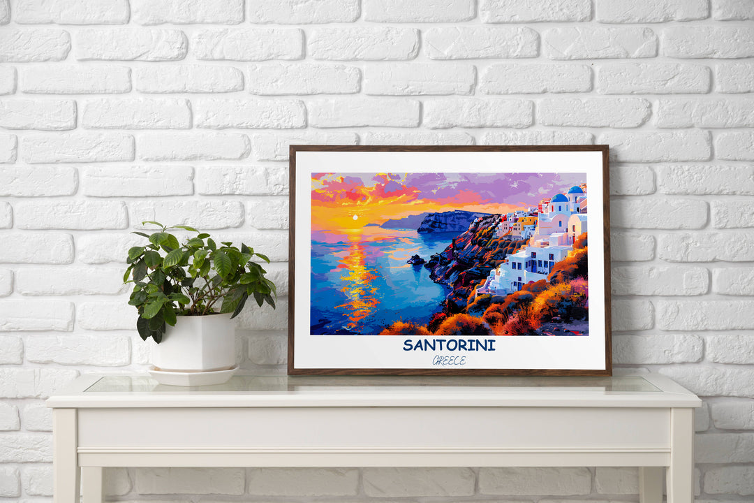 Santorini poster adds a touch of Mediterranean charm to your decor with this vibrant Santorini poster, a true Greek gem.
