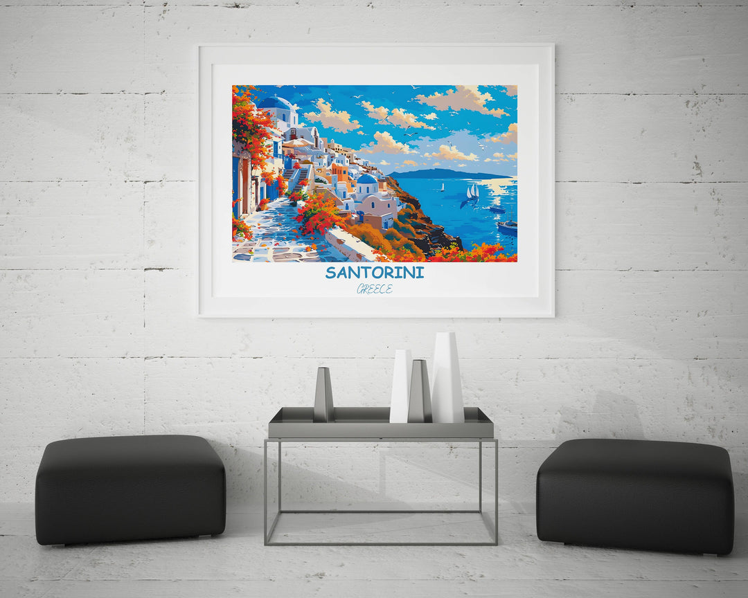 Santorini island immerses you in the magic of Santorini with this captivating artwork celebrating the Greek island&#39;s beauty.