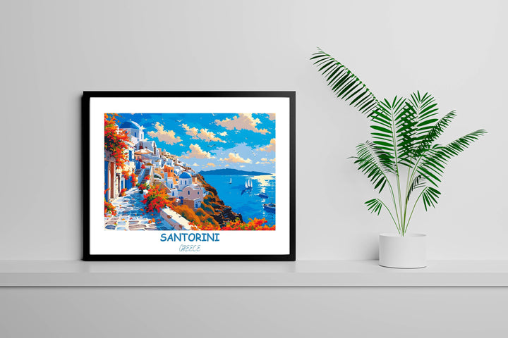 Santorini view transports you to the breathtaking vistas of Santorini with this stunning wall art, a true Greek delight.
