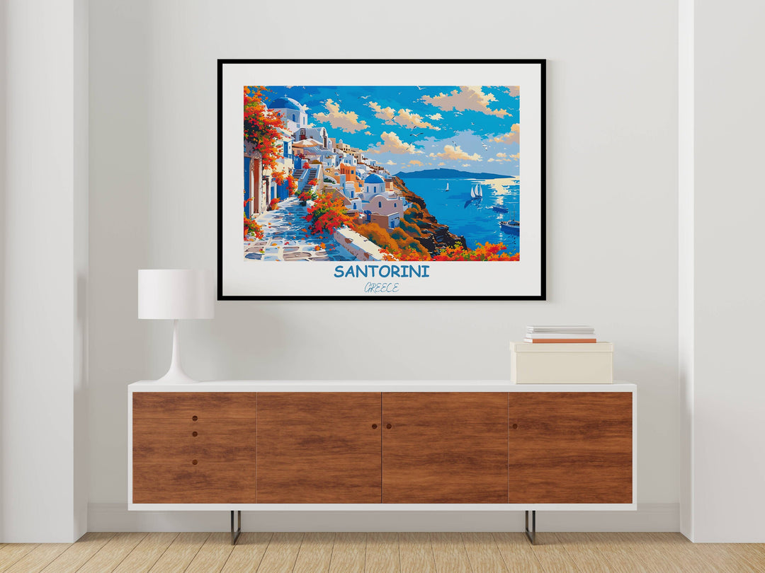 Santorini view transports you to the breathtaking vistas of Santorini with this stunning wall art, a true Greek delight.